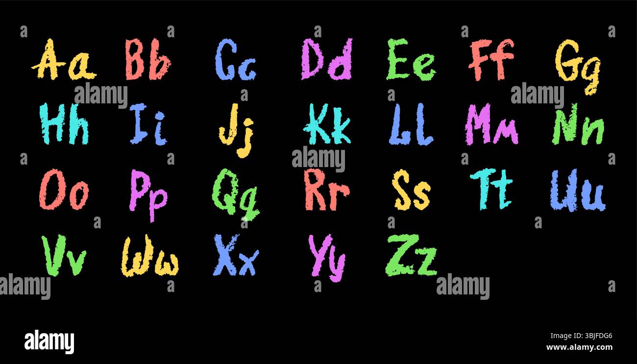 Colorato alfabeto inglese disegnato a mano in un pastello. Lettere maiuscole e minuscole in stile gesso, pastello o cera. Effetto evidenziatore a bordo per Illustrazione Vettoriale