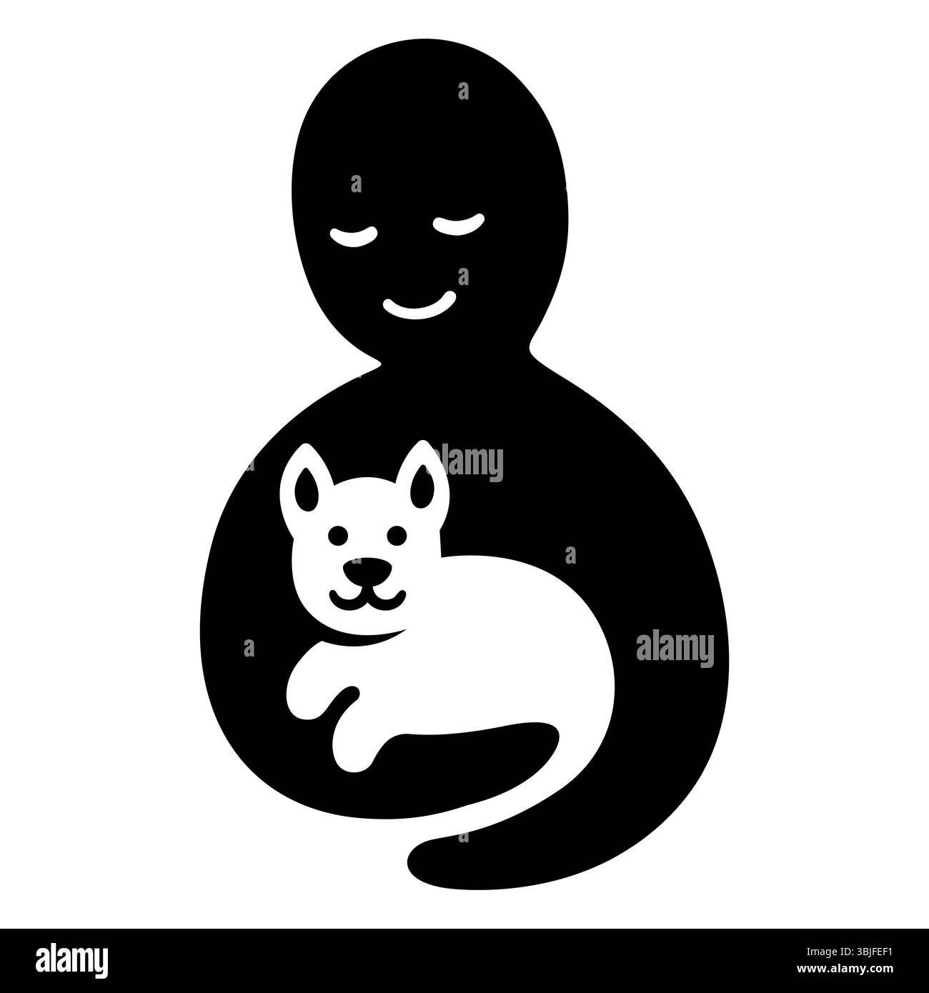 Illustrazione di una persona che tiene in mano il cane, logo silhouette semplice ed elegante. Cura degli animali domestici, amore per i cani. Design in bianco e nero con spazio negativo. Illustrazione Vettoriale