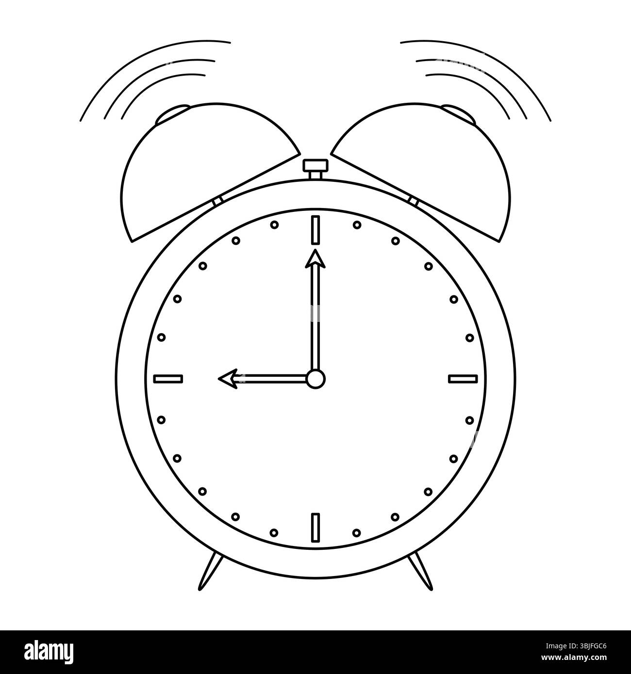 Pagina da colorare con disegno del profilo della sveglia che squilla con quadrante meccanico che mostra l'ora di inizio della scuola. Per l'intrattenimento Illustrazione Vettoriale