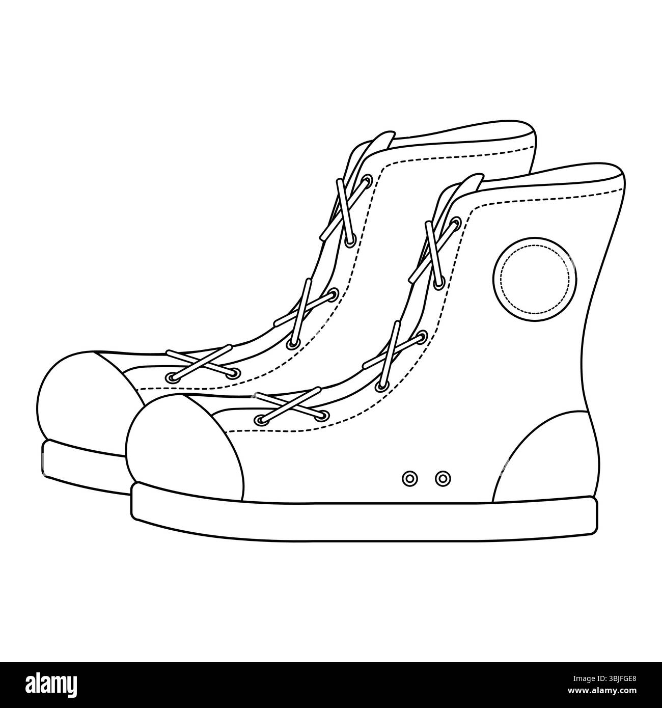 Pagina da colorare con disegno di sneakers alte con suola e lacci. Lezione di educazione fisica. Per intrattenere i bambini, torna a scuola Black A. Illustrazione Vettoriale