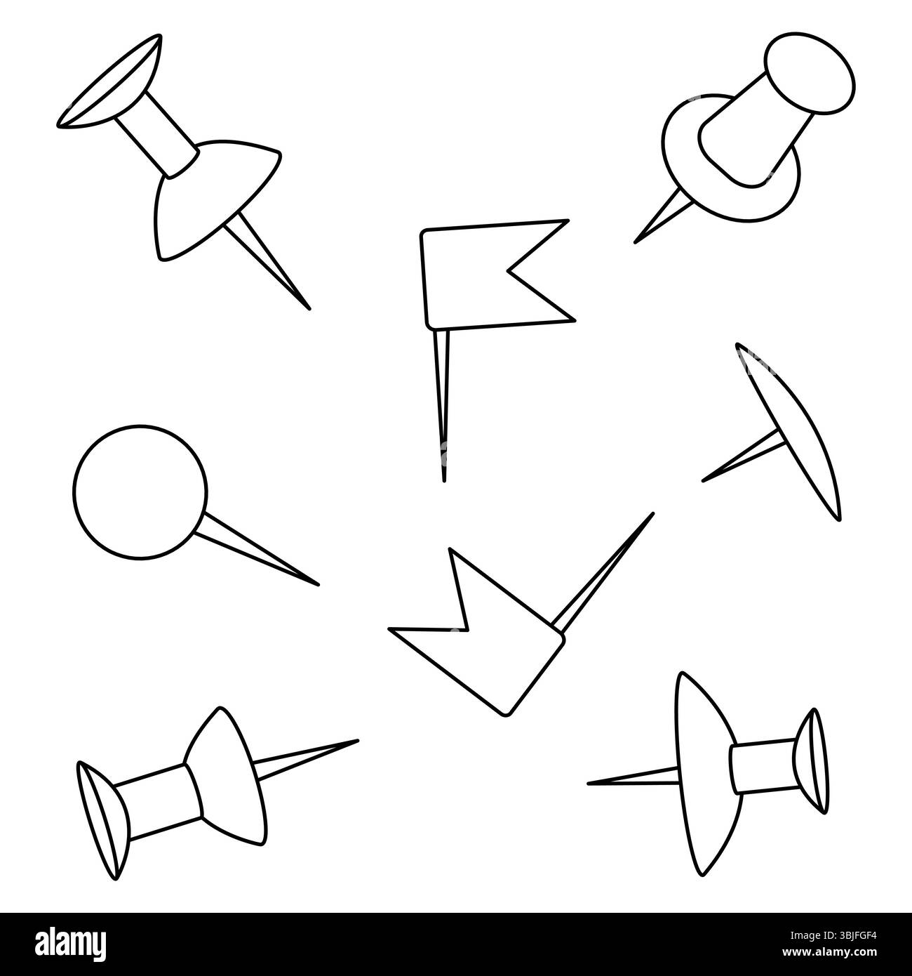 Pagina da colorare con disegno del contorno di una scuola o di un ufficio cancelleria di set di puntini a pressione e punti mappa in varie forme. Per intrattenere i bambini, Illustrazione Vettoriale