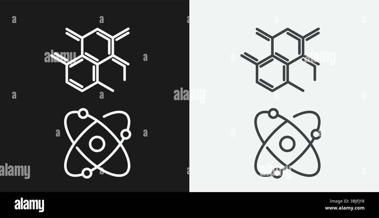 Struttura molecolare e Atom su sfondo bianco e nero, che rappresentano biochimica o scienza, icone contorno bianco Illustrazione Vettoriale