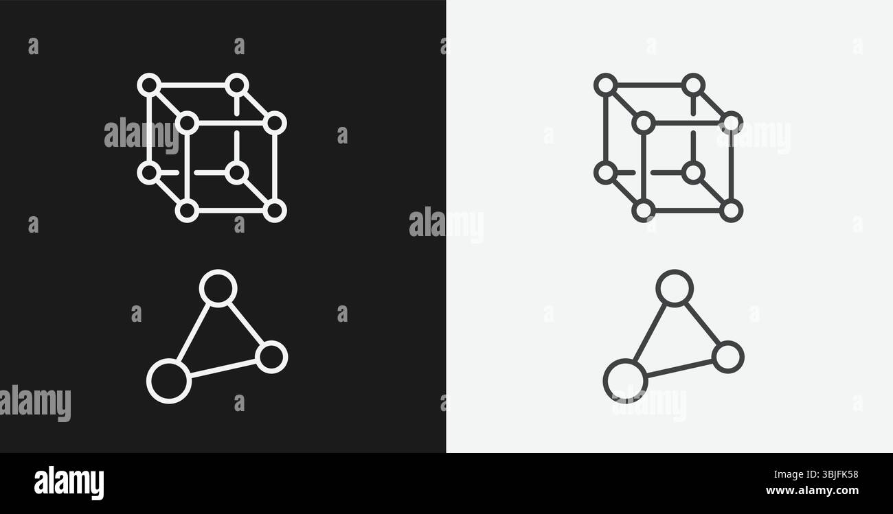 Cubo di lattice di cristallo e triangolo molecolare su sfondi in bianco e nero, che rappresentano la scienza o la chimica dei materiali, icone di contorno bianche Illustrazione Vettoriale Cubo di lattice di cristallo e triangolo molecolare su sfondi in bianco e nero, che rappresentano la scienza o la chimica dei materiali, icone di contorno bianche Illustrazione Vettoriale