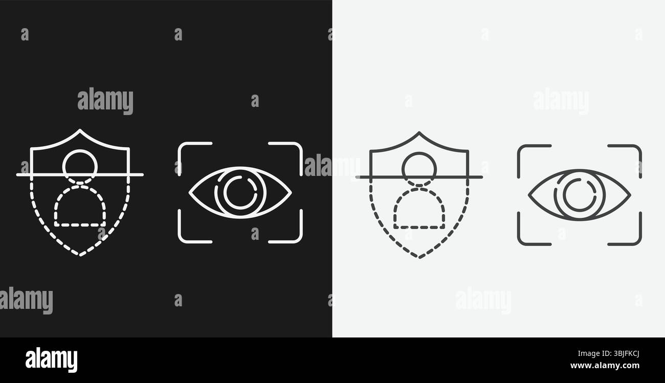 Schermo utente con linea di scansione e occhio con casella di scansione su sfondo bianco e nero, che rappresenta la protezione della scansione biometrica degli occhi, icone di contorno bianche Illustrazione Vettoriale