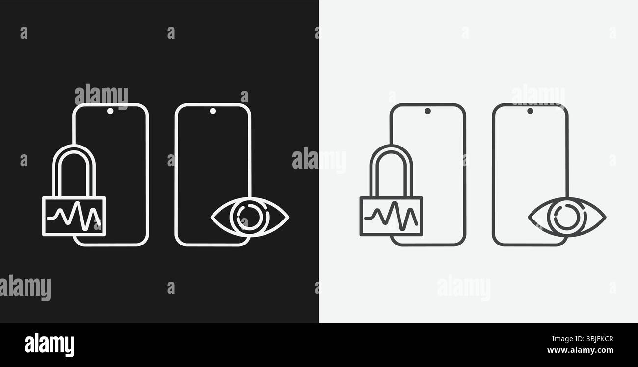 Telefoni cellulari con simboli di blocco e occhi, che rappresentano la sicurezza dei dati e la protezione biometrica, icone bianche Illustrazione Vettoriale