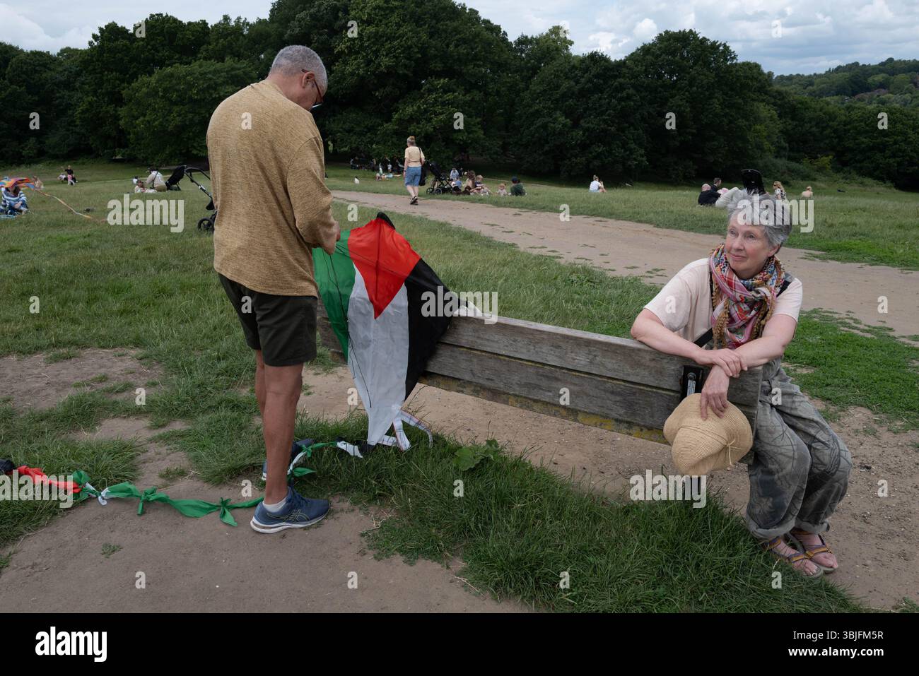 Londra, Regno Unito. 15 giugno 2025. I sostenitori della Palestina fanno volare aquiloni colorati a Parliament Hill a Londra, unendosi in un raduno di solidarietà. L'evento pacifico vede individui e famiglie lanciare aquiloni contrassegnati con simboli palestinesi per esprimere speranza, unità e sostegno emotivo ai bambini palestinesi colpiti dal conflitto. Il raduno evoca la lunga tradizione del kite-fly come simbolo di libertà e resistenza, offrendo un momento di riflessione e di espressione comuni nello spazio verde pubblico. Crediti: Joao Daniel Pereira/Alamy Live News Foto Stock