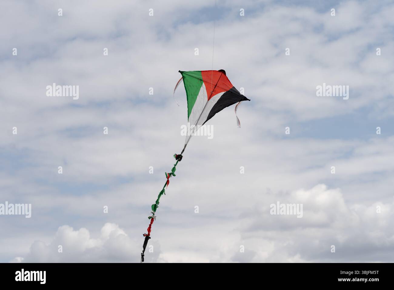 Londra, Regno Unito. 15 giugno 2025. I sostenitori della Palestina fanno volare aquiloni colorati a Parliament Hill a Londra, unendosi in un raduno di solidarietà. L'evento pacifico vede individui e famiglie lanciare aquiloni contrassegnati con simboli palestinesi per esprimere speranza, unità e sostegno emotivo ai bambini palestinesi colpiti dal conflitto. Il raduno evoca la lunga tradizione del kite-fly come simbolo di libertà e resistenza, offrendo un momento di riflessione e di espressione comuni nello spazio verde pubblico. Crediti: Joao Daniel Pereira/Alamy Live News Foto Stock