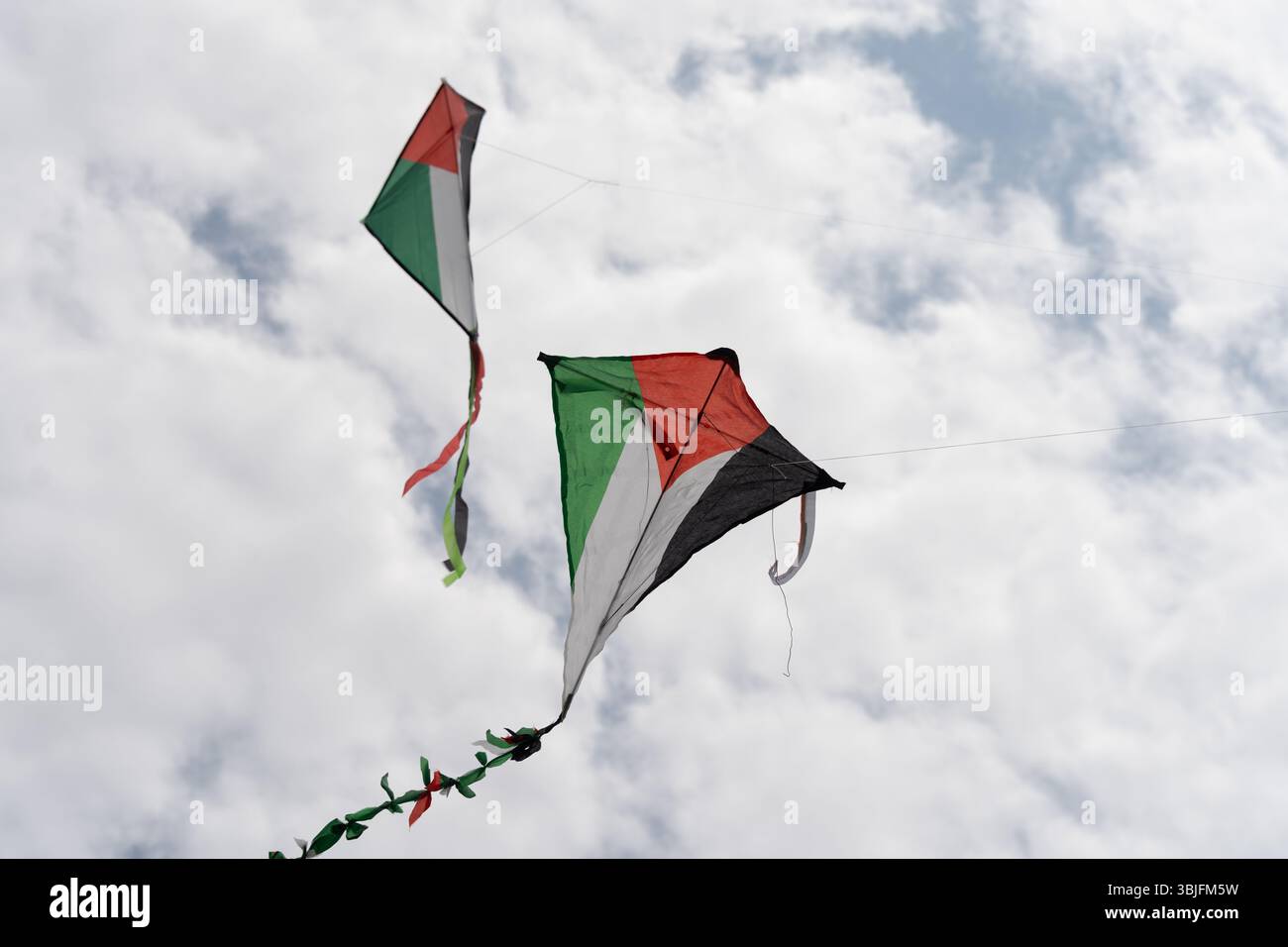 Londra, Regno Unito. 15 giugno 2025. I sostenitori della Palestina fanno volare aquiloni colorati a Parliament Hill a Londra, unendosi in un raduno di solidarietà. L'evento pacifico vede individui e famiglie lanciare aquiloni contrassegnati con simboli palestinesi per esprimere speranza, unità e sostegno emotivo ai bambini palestinesi colpiti dal conflitto. Il raduno evoca la lunga tradizione del kite-fly come simbolo di libertà e resistenza, offrendo un momento di riflessione e di espressione comuni nello spazio verde pubblico. Crediti: Joao Daniel Pereira/Alamy Live News Foto Stock