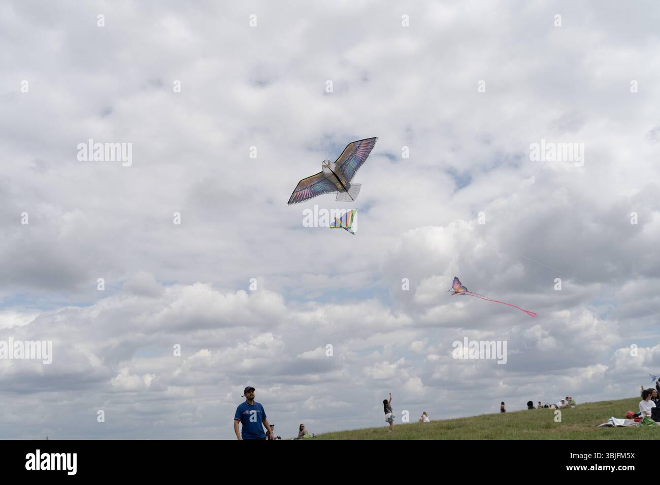 Londra, Regno Unito. 15 giugno 2025. I sostenitori della Palestina fanno volare aquiloni colorati a Parliament Hill a Londra, unendosi in un raduno di solidarietà. L'evento pacifico vede individui e famiglie lanciare aquiloni contrassegnati con simboli palestinesi per esprimere speranza, unità e sostegno emotivo ai bambini palestinesi colpiti dal conflitto. Il raduno evoca la lunga tradizione del kite-fly come simbolo di libertà e resistenza, offrendo un momento di riflessione e di espressione comuni nello spazio verde pubblico. Crediti: Joao Daniel Pereira/Alamy Live News Foto Stock