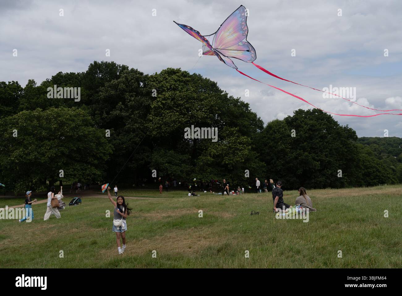 Londra, Regno Unito. 15 giugno 2025. I sostenitori della Palestina fanno volare aquiloni colorati a Parliament Hill a Londra, unendosi in un raduno di solidarietà. L'evento pacifico vede individui e famiglie lanciare aquiloni contrassegnati con simboli palestinesi per esprimere speranza, unità e sostegno emotivo ai bambini palestinesi colpiti dal conflitto. Il raduno evoca la lunga tradizione del kite-fly come simbolo di libertà e resistenza, offrendo un momento di riflessione e di espressione comuni nello spazio verde pubblico. Crediti: Joao Daniel Pereira/Alamy Live News Foto Stock
