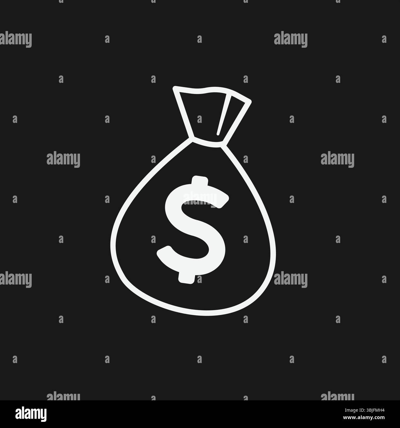 Borsa portamonete con simbolo del dollaro su sfondo nero, che rappresenta ricchezza, risparmio o guadagno finanziario, icona contorno bianco Illustrazione Vettoriale