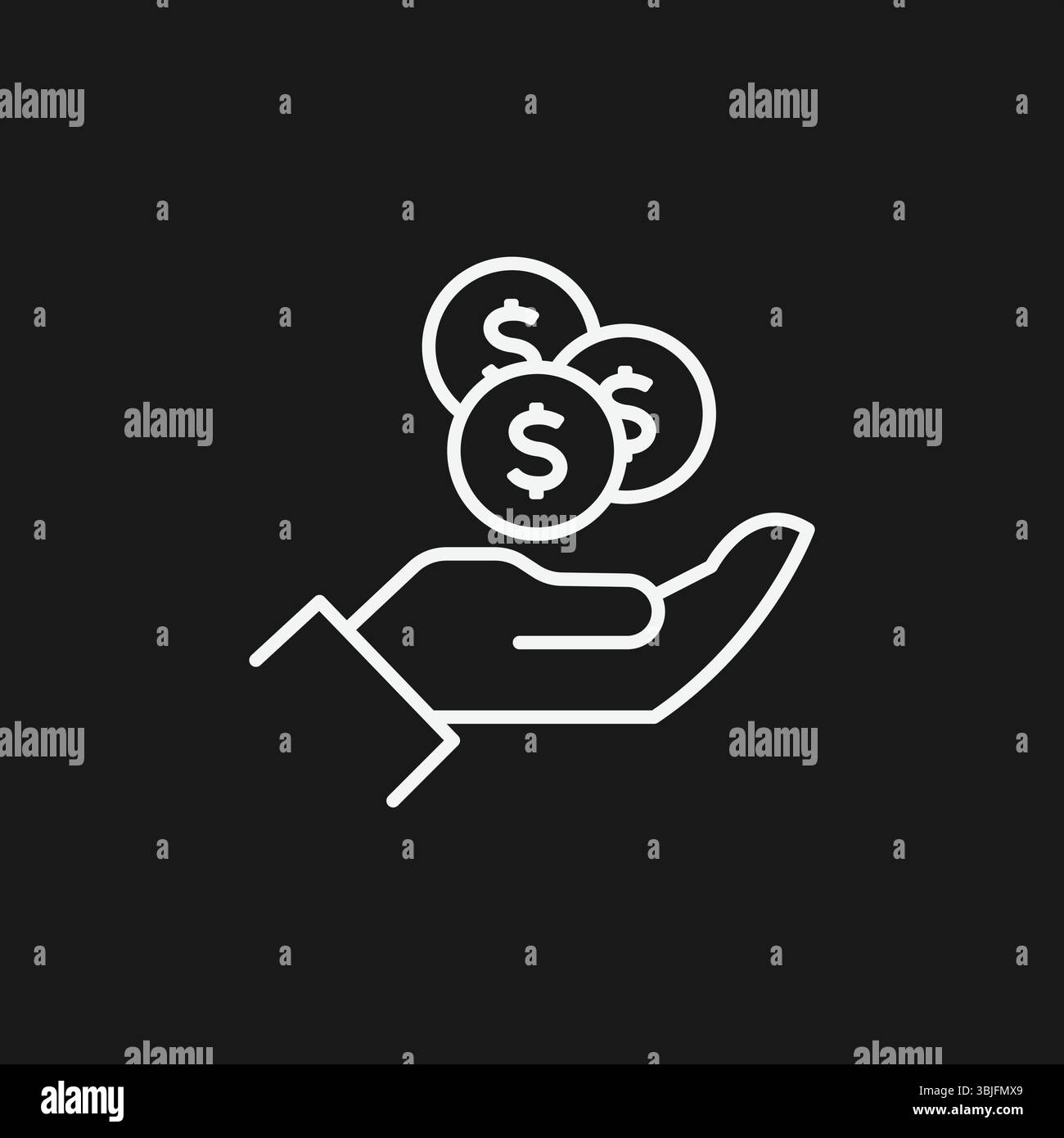 Mano che tiene monete in dollari cadenti su sfondo nero, che rappresenta risparmi o guadagno finanziario, icona contorno bianco Illustrazione Vettoriale