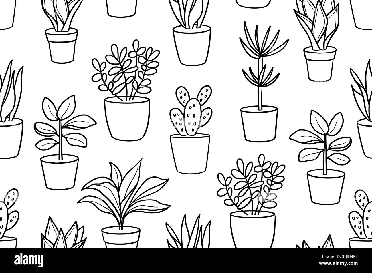 Le piante da casa vengono piantate in vasi e presentano un motivo senza cuciture. Fiori esotici al coperto con steli e foglie. Monstera, ficus, pothos, yucca, dracaena, cactus per casa Illustrazione Vettoriale