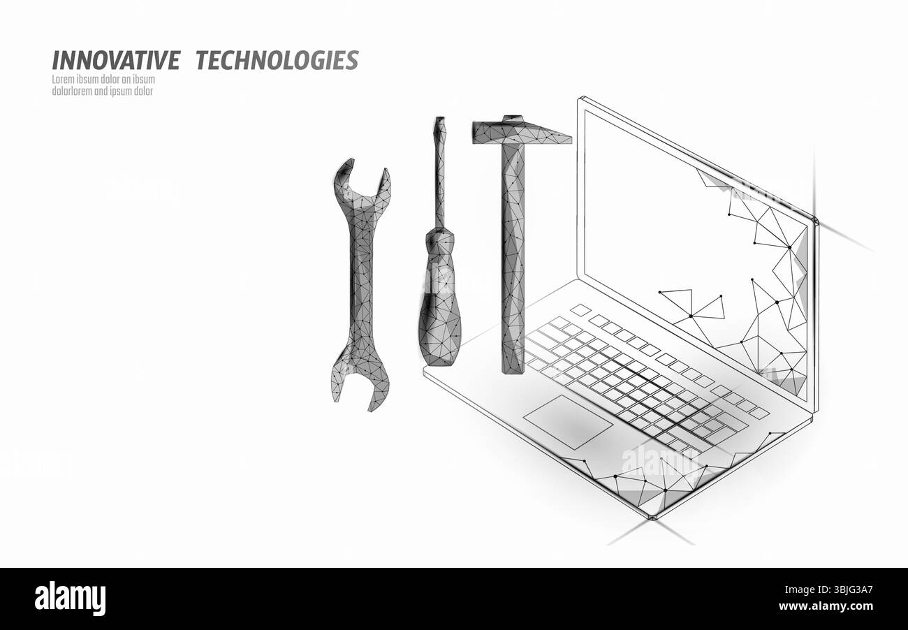 Illustrazione del concetto di riparazione del notebook. Supporto tecnico per la riparazione della manutenzione del dispositivo. Ingegneria di sviluppo di siti web di servizi informatici Illustrazione Vettoriale