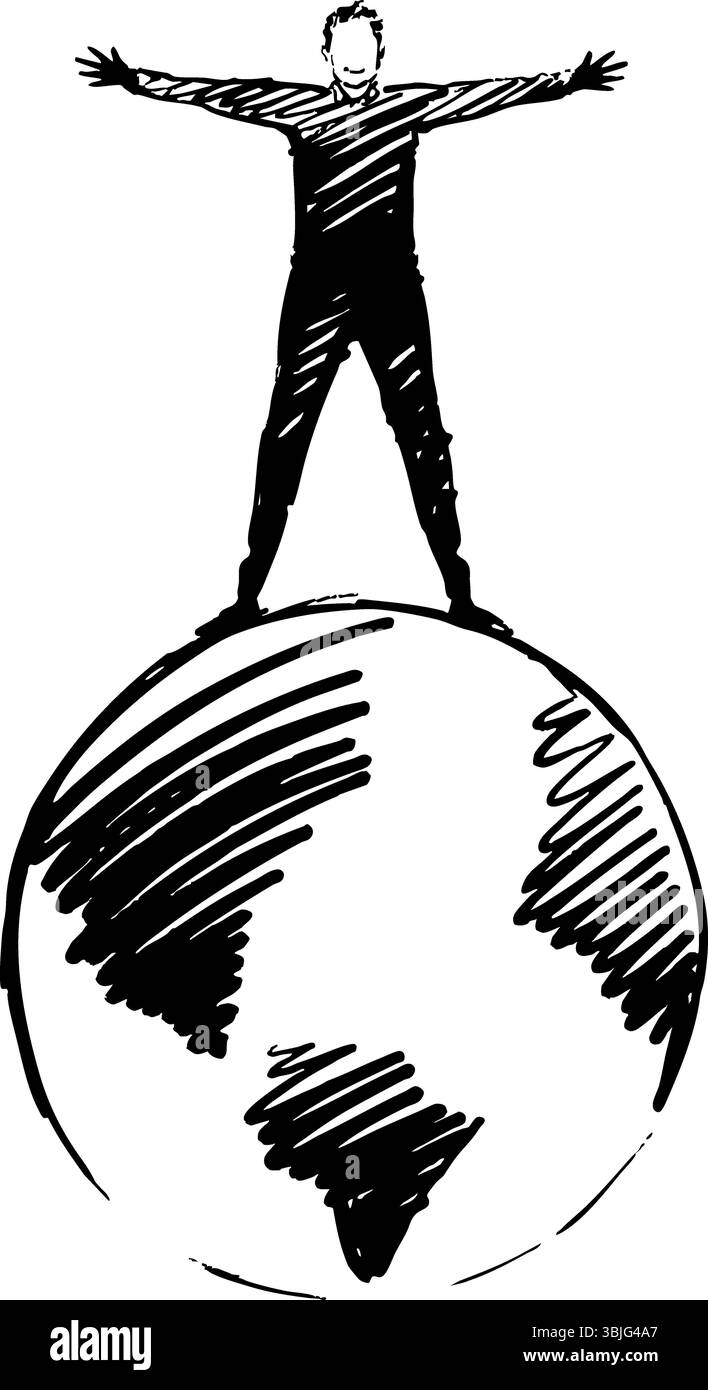 Una figura sagomata si erge trionfalmente sulla sommità di un globo, simboleggiando i concetti di unità e ambizione globale Foto Stock