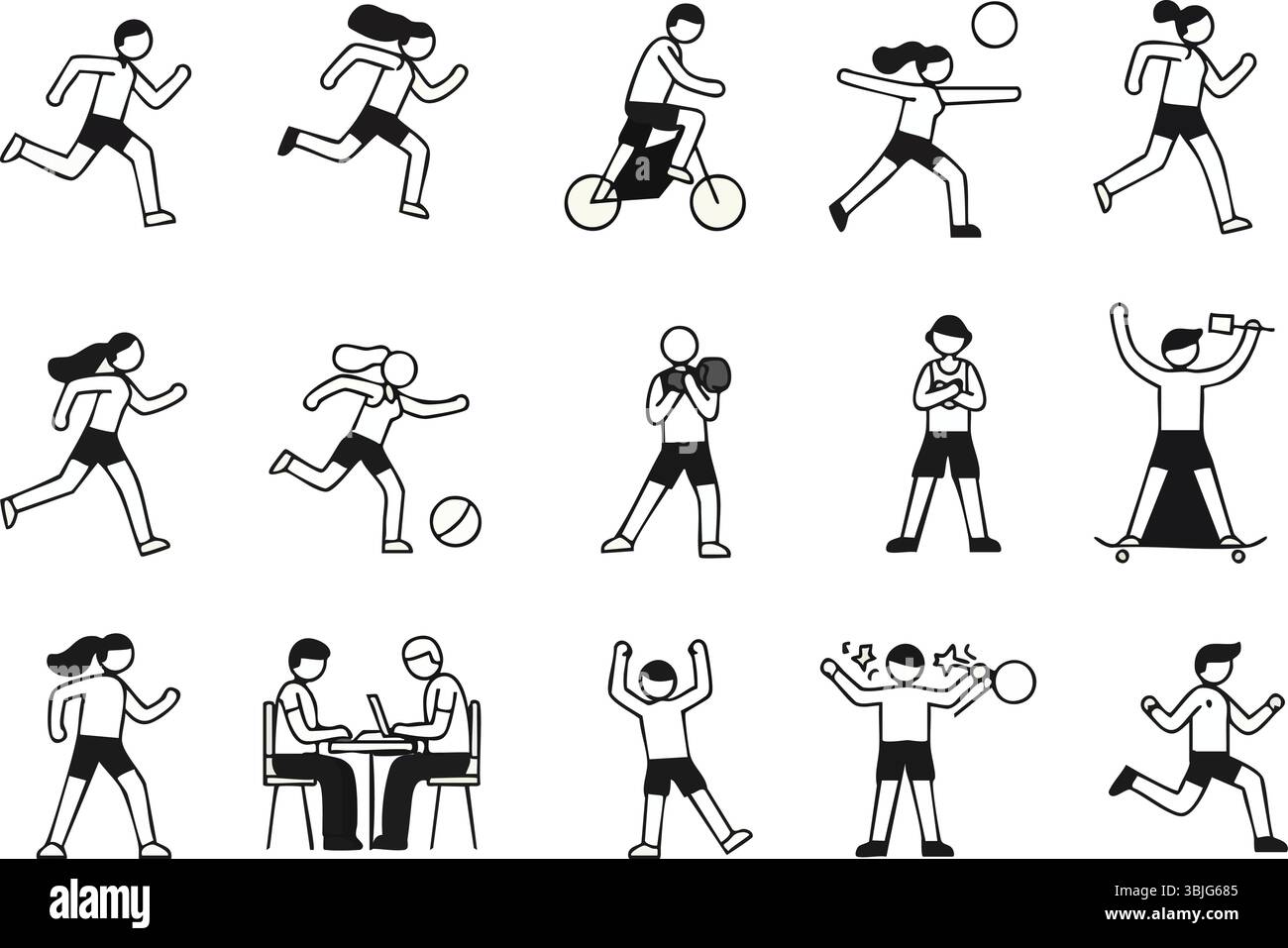 Set di icone minimaliste per le persone: Illustrazioni line Art di sport e hobby Illustrazione Vettoriale