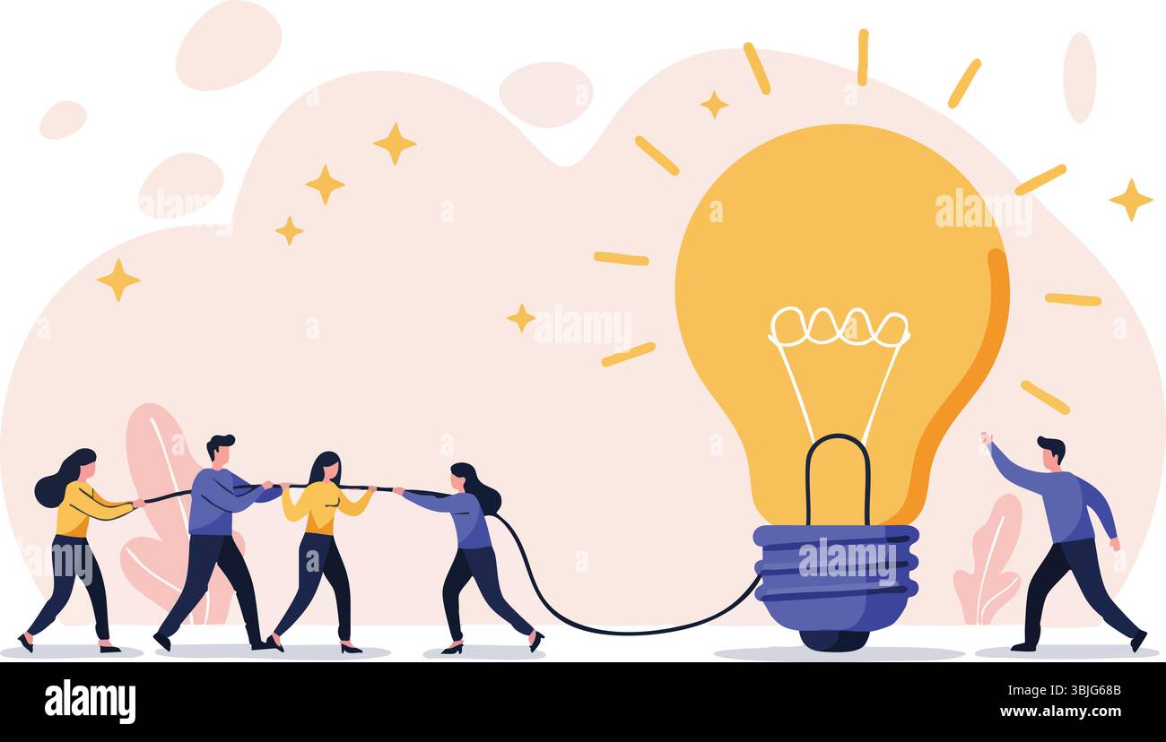Lavoro di squadra e innovazione: Il team aziendale collabora per una grande idea Illustrazione Vettoriale