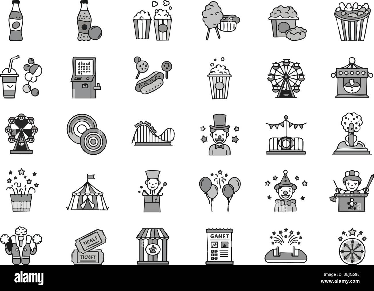 Set di icone del parco divertimenti monocromatico e del Carnevale Illustrazione Vettoriale