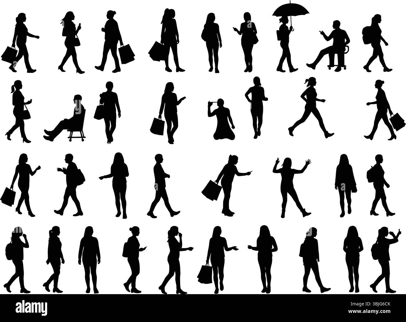 Collezione Vector di silhouette da camminata da donna per concept Urban Lifestyle Illustrazione Vettoriale