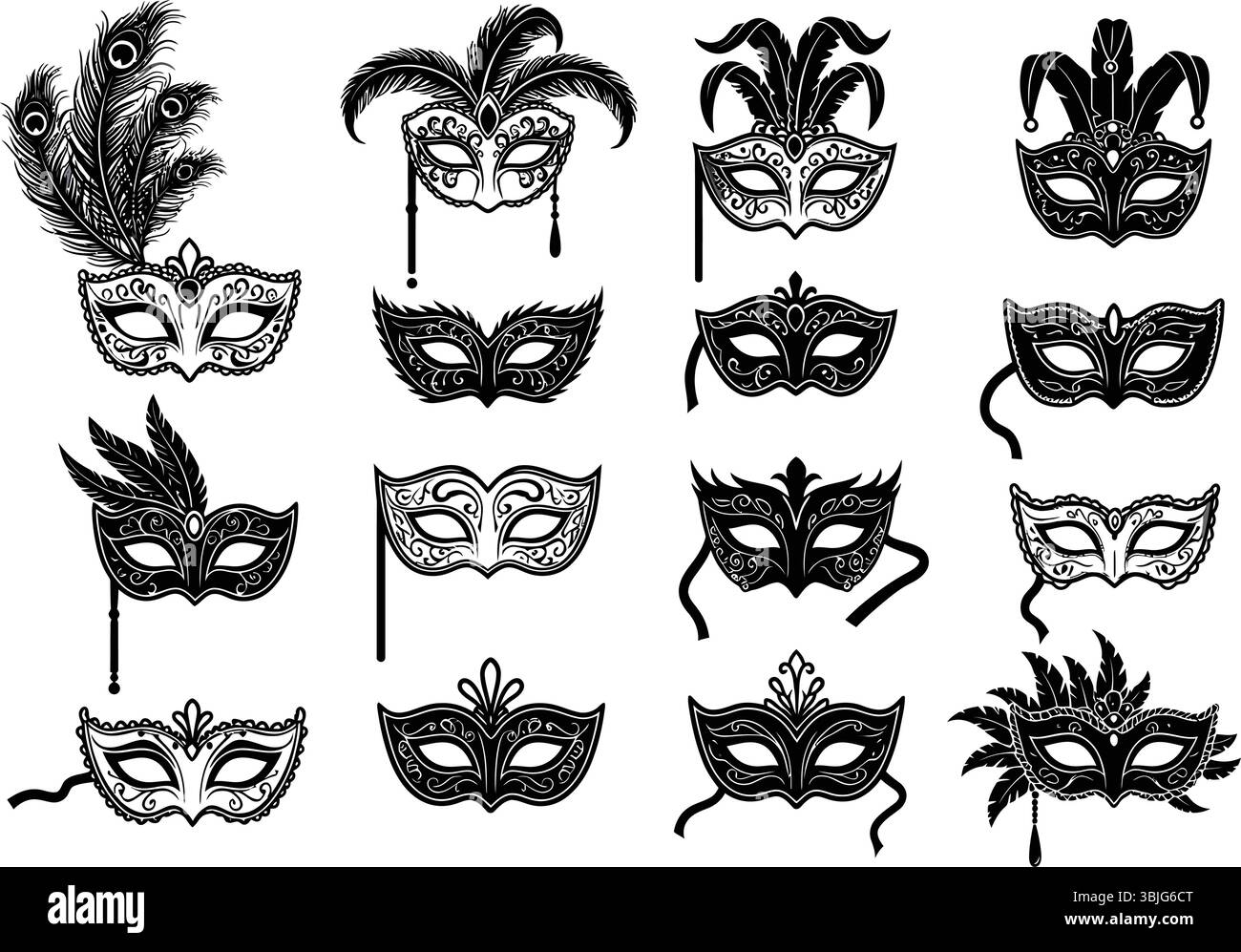 Collezione vettoriale di maschere veneziane bianche e nere ornate Illustrazione Vettoriale