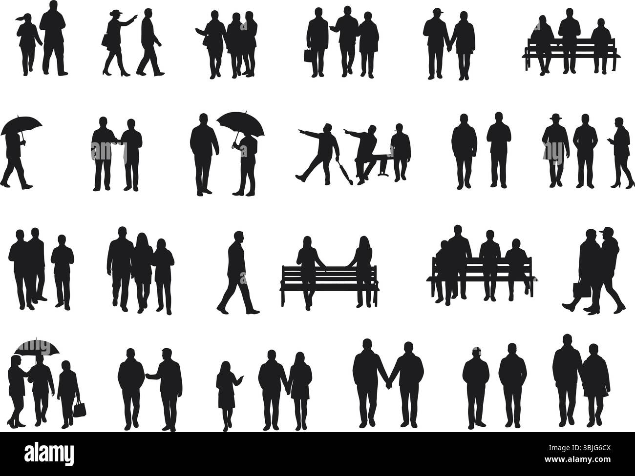 Collezione vettoriale di silhouette di persone: Individui, coppie e gruppi in scene urbane Illustrazione Vettoriale
