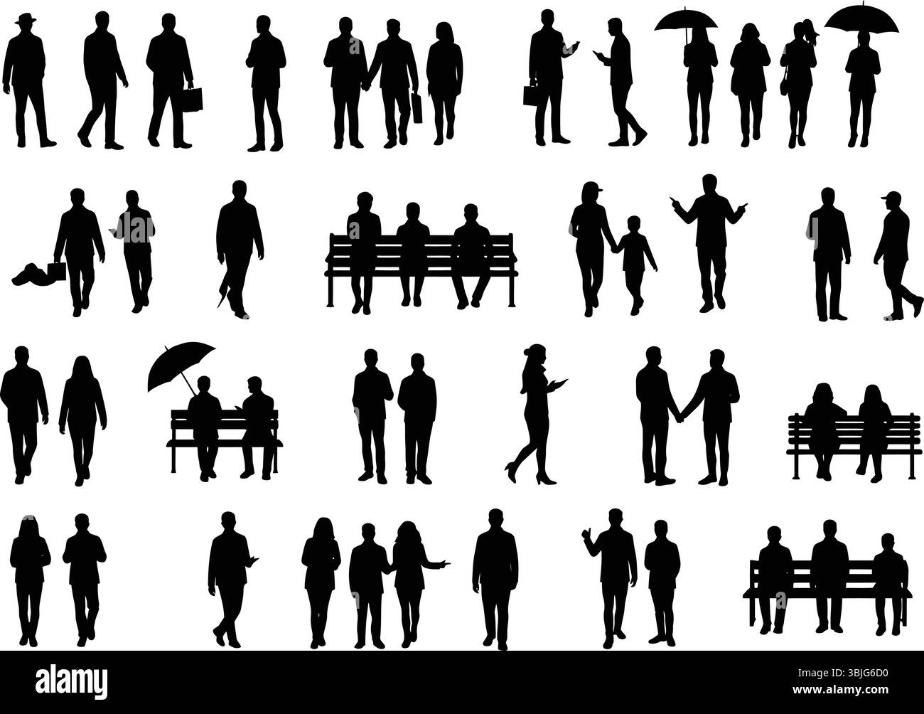 Collezione vettoriale di silhouette di persone: Individui, coppie e gruppi in scene urbane Illustrazione Vettoriale