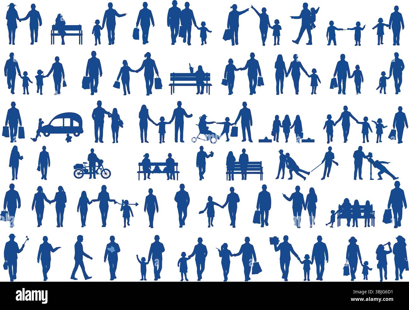 Collezione vettoriale completa di silhouette per persone per scene di vita familiare e urbana Illustrazione Vettoriale