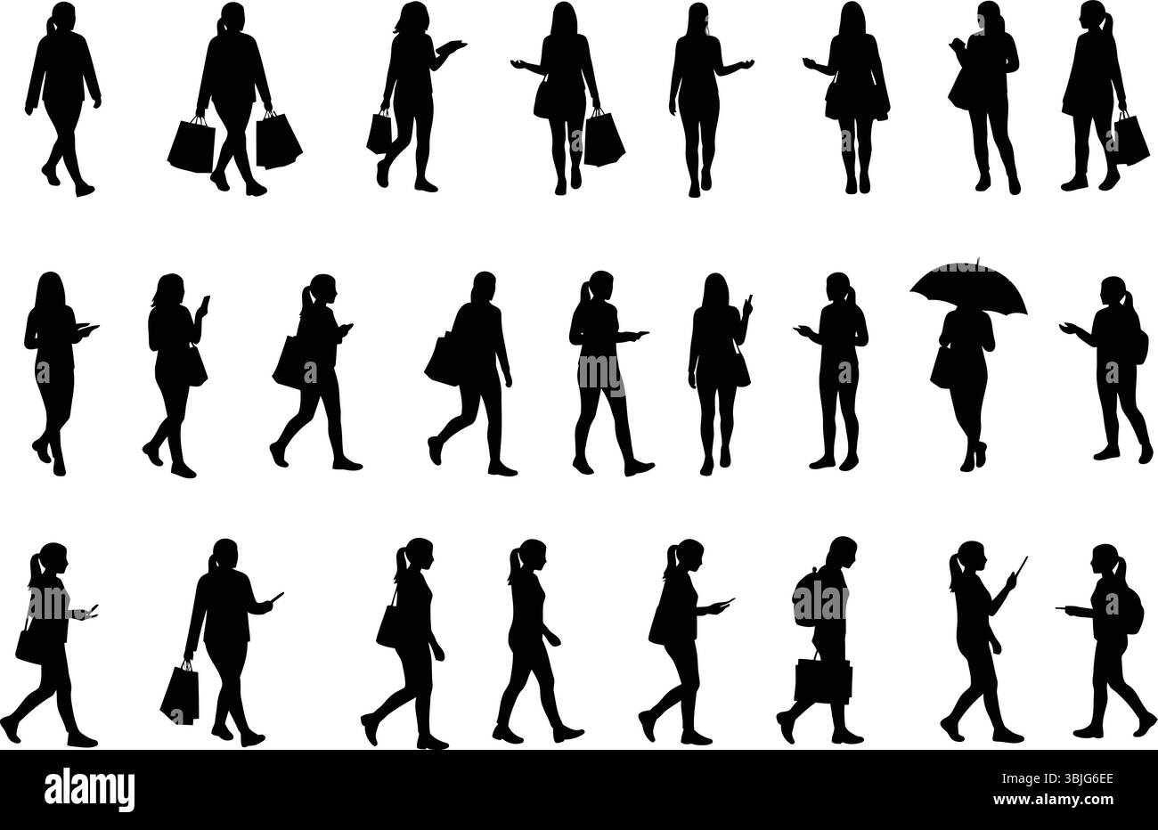 Collezione Vector di silhouette da camminata da donna per concept Urban Lifestyle Illustrazione Vettoriale
