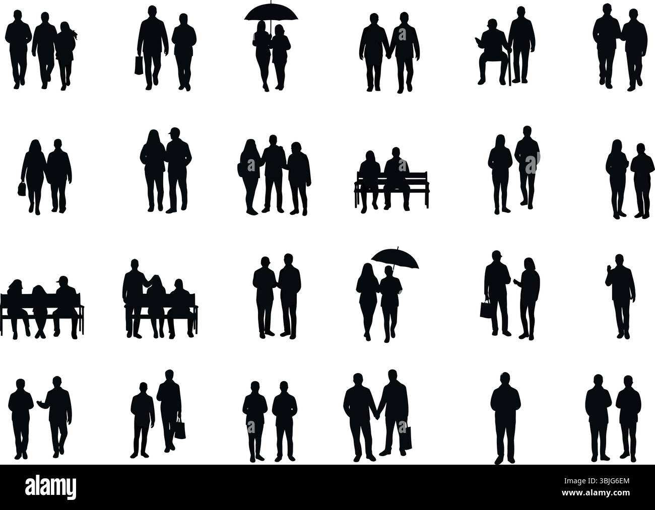 Collezione vettoriale di silhouette di persone: Individui, coppie e gruppi in scene urbane Illustrazione Vettoriale