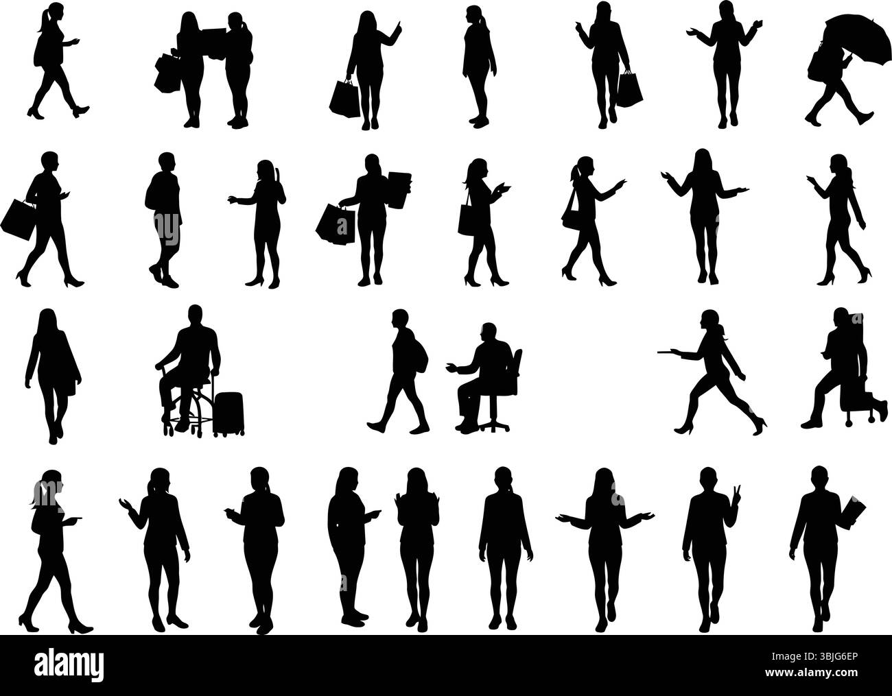 Collezione vettoriale completa di silhouette per persone per scene di vita familiare e urbana Illustrazione Vettoriale