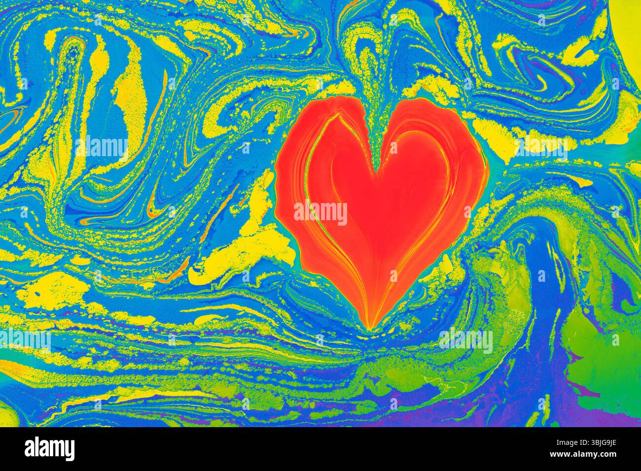 Effetto marbling astratto di Ebru a forma di cuore Foto Stock