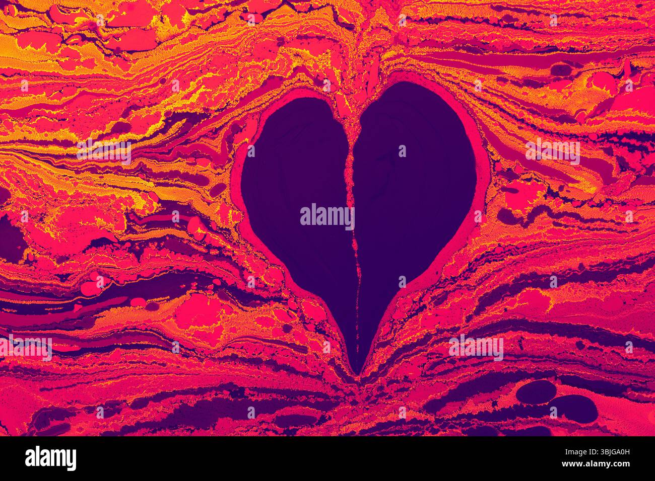 Effetto marbling astratto di Ebru a forma di cuore Foto Stock