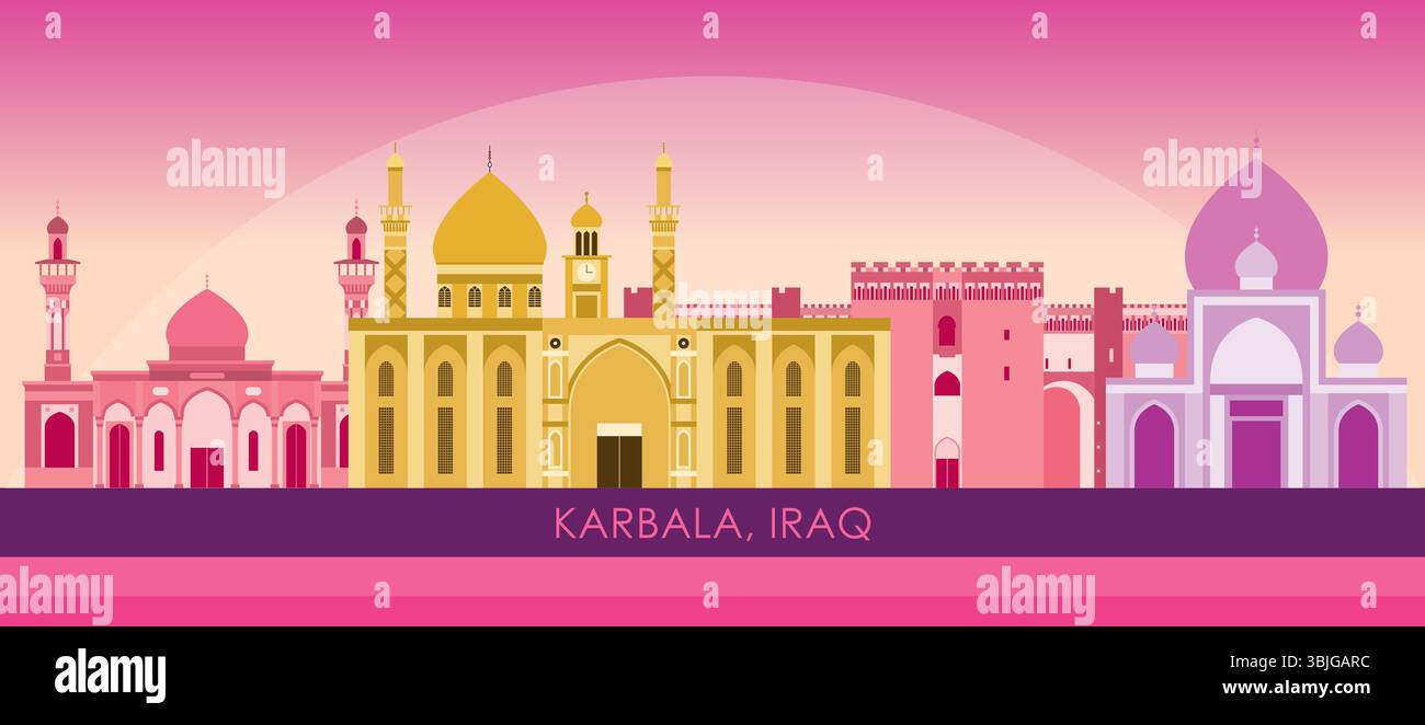 Panorama dello skyline del tramonto della città di Karbala, Iraq - illustrazione vettoriale Illustrazione Vettoriale