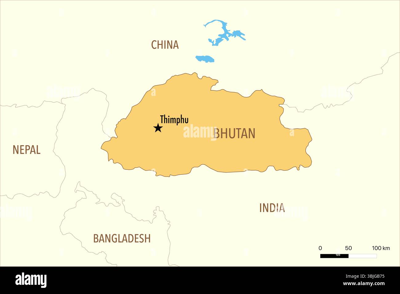 Mappa del Bhutan con le principali città e i paesi vicini Foto Stock