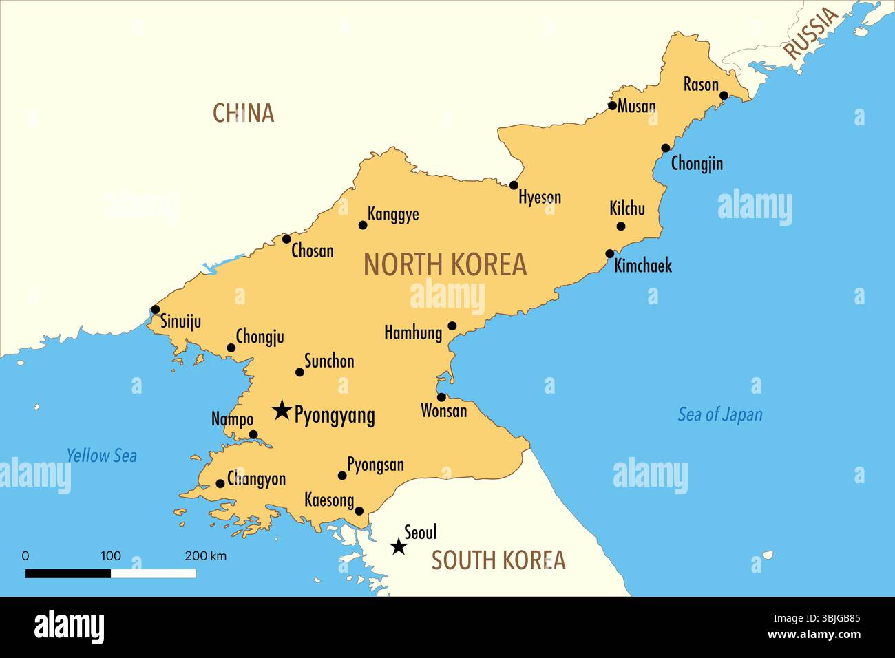 Mappa della Corea del Nord con le principali città e i paesi vicini Foto Stock