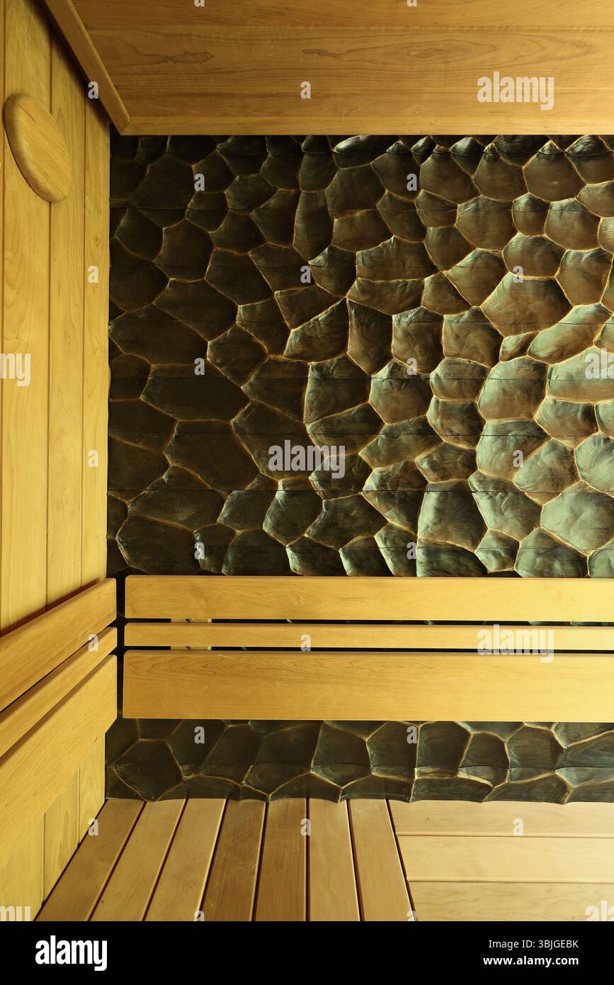 Elegante design degli interni che incorpora perfettamente elementi in pietra naturale e legno Foto Stock