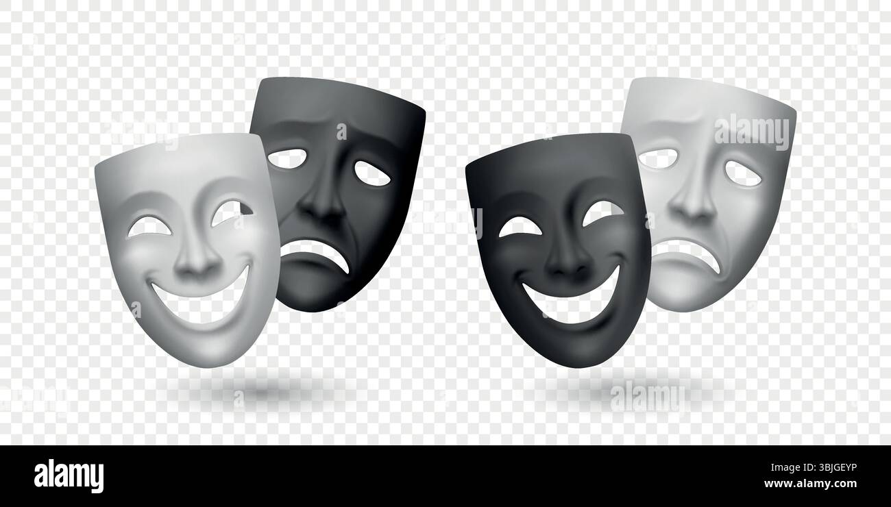Set di maschere per teatro realistiche vettoriali. Maschere comiche e tragiche. Maschera classica in bianco e nero per il design del palcoscenico, il dramma greco, la recitazione, lo spettacolo Illustrazione Vettoriale