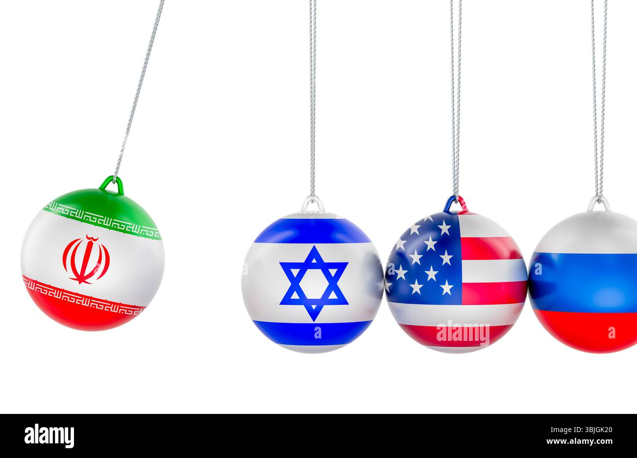 Culla di Newtons con Iran, Israele, Siria, Stati Uniti, Russia, flag. Simboleggia la tensione geopolitica e la reazione a catena. Rendering 3D isolato su sfondo bianco Foto Stock