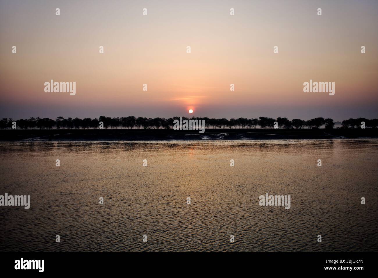 Il sole tramonta dietro una frangia di mangrovie lungo la Baia del Bengala, visto da un canale fluviale vicino al delta del Sundarbans. Foto Stock