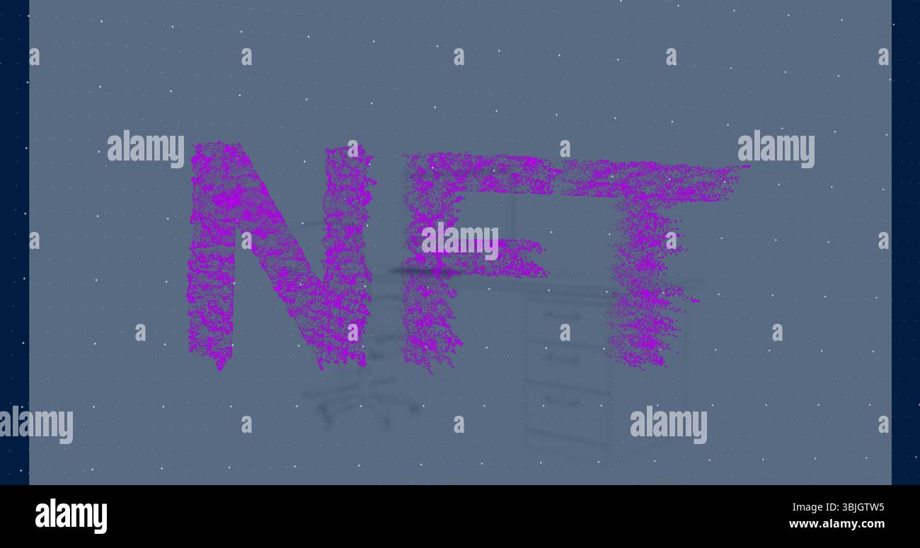 Visualizzazione di lettere viola NFT su sfondo blu con sfumature, con sedia da ufficio fantasma e ombre dell'armadio Foto Stock