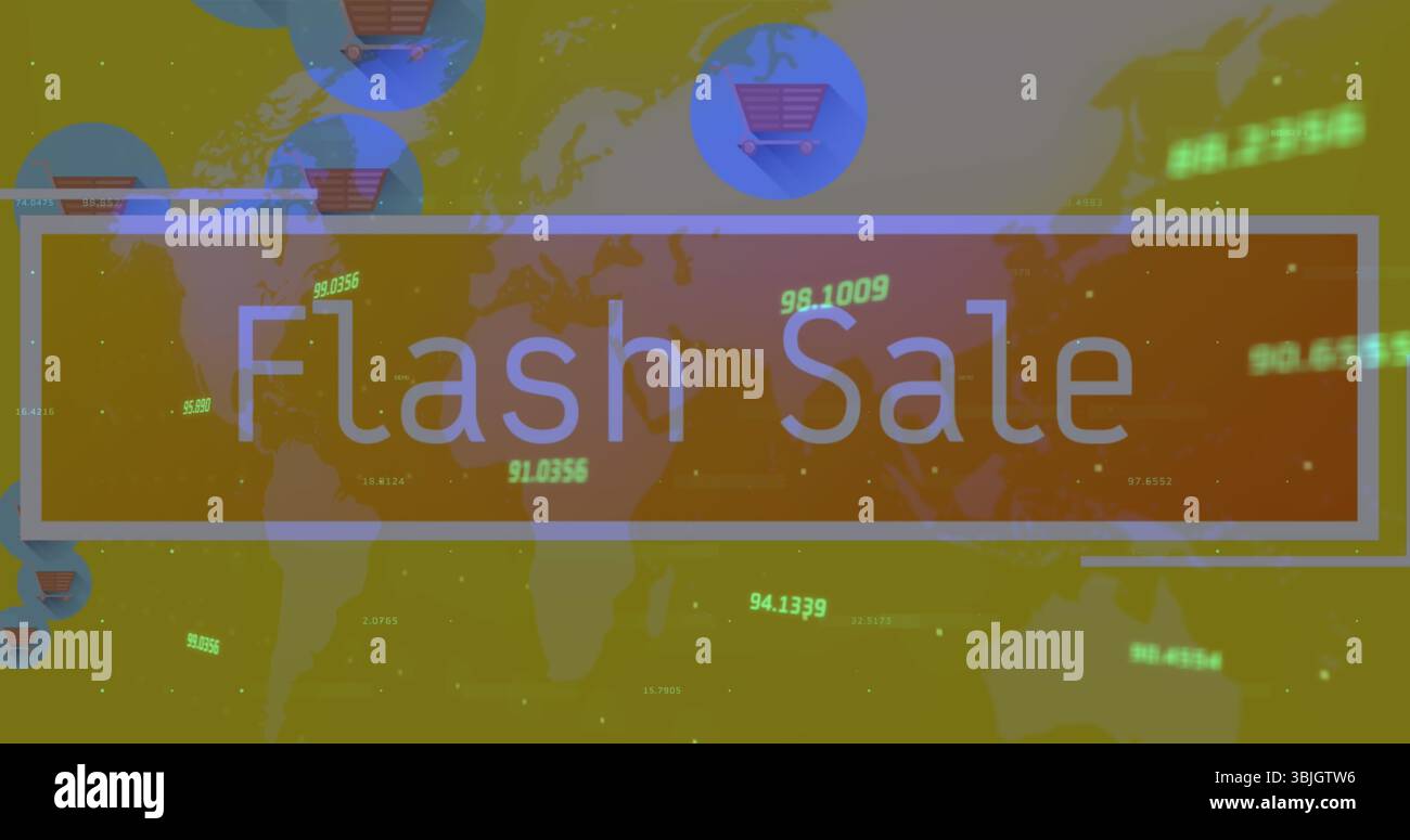 Mostra banner che evidenziano le vendite flash nell'immagine e-commerce, con sovrapposizione mappa mondiale e icone carrello Foto Stock