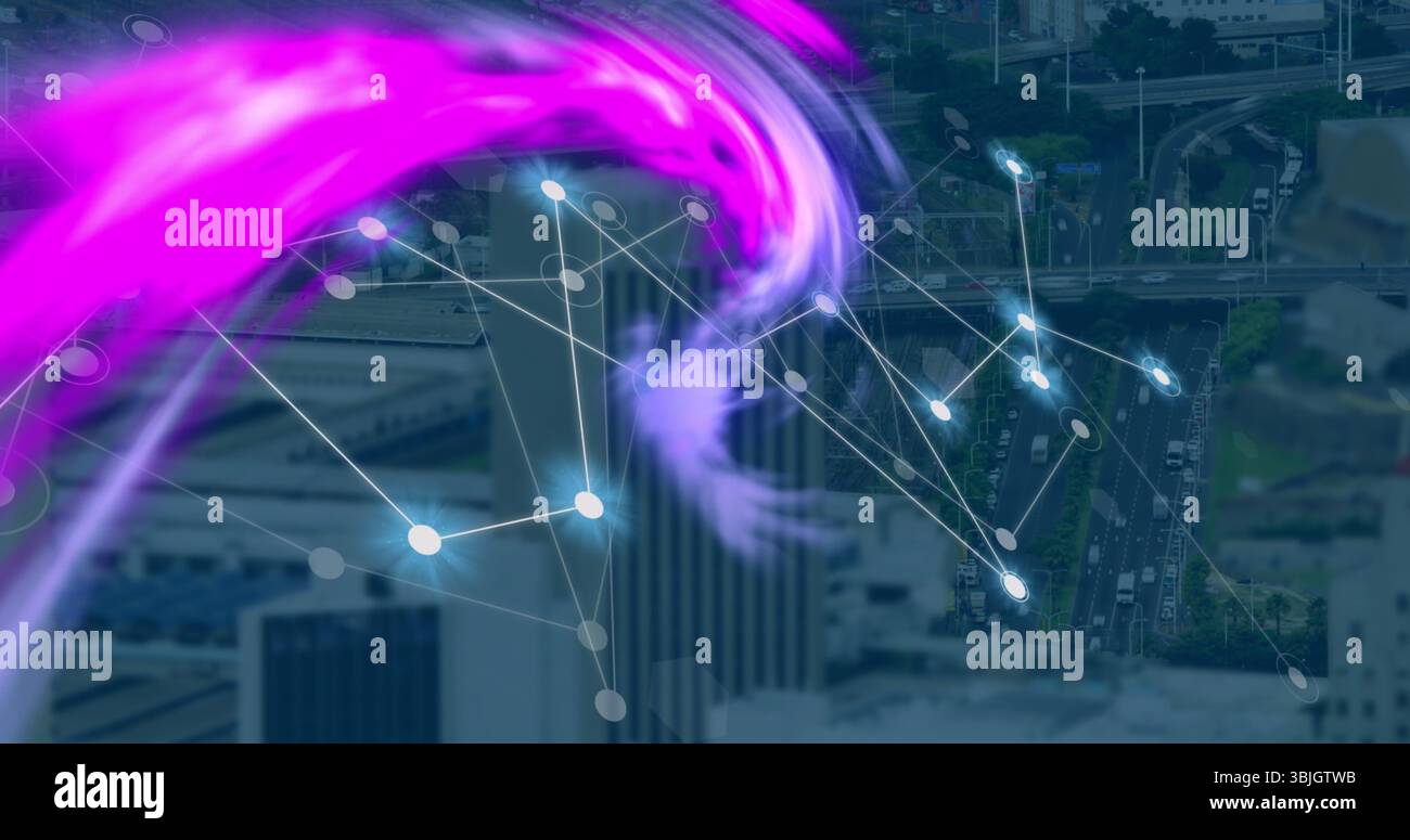 Rete digitale vorticosa e onda di energia magenta sulle autostrade aeree, con nodi e linee luminosi Foto Stock
