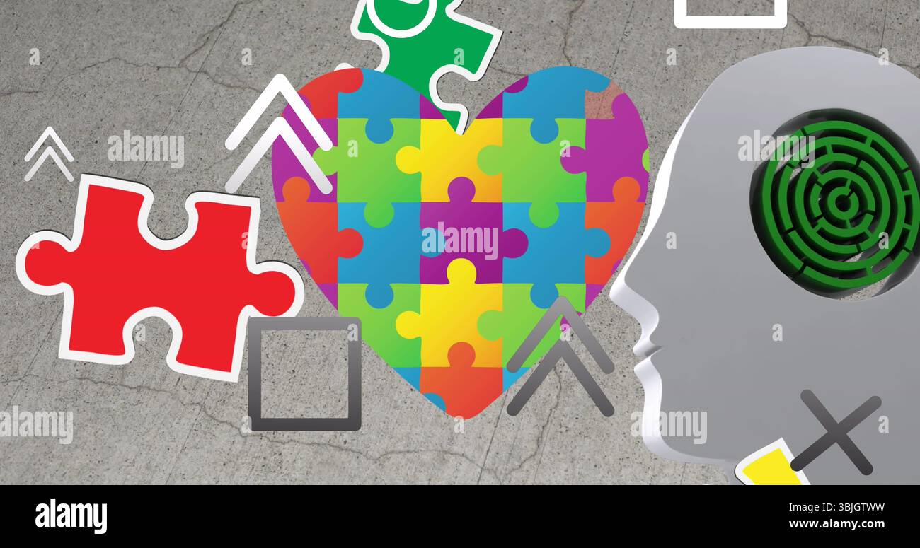 Cuore di pezzi di puzzle poggiati su cemento incrinato, con pezzo di puzzle rosso e silhouette a testa labirinto Foto Stock