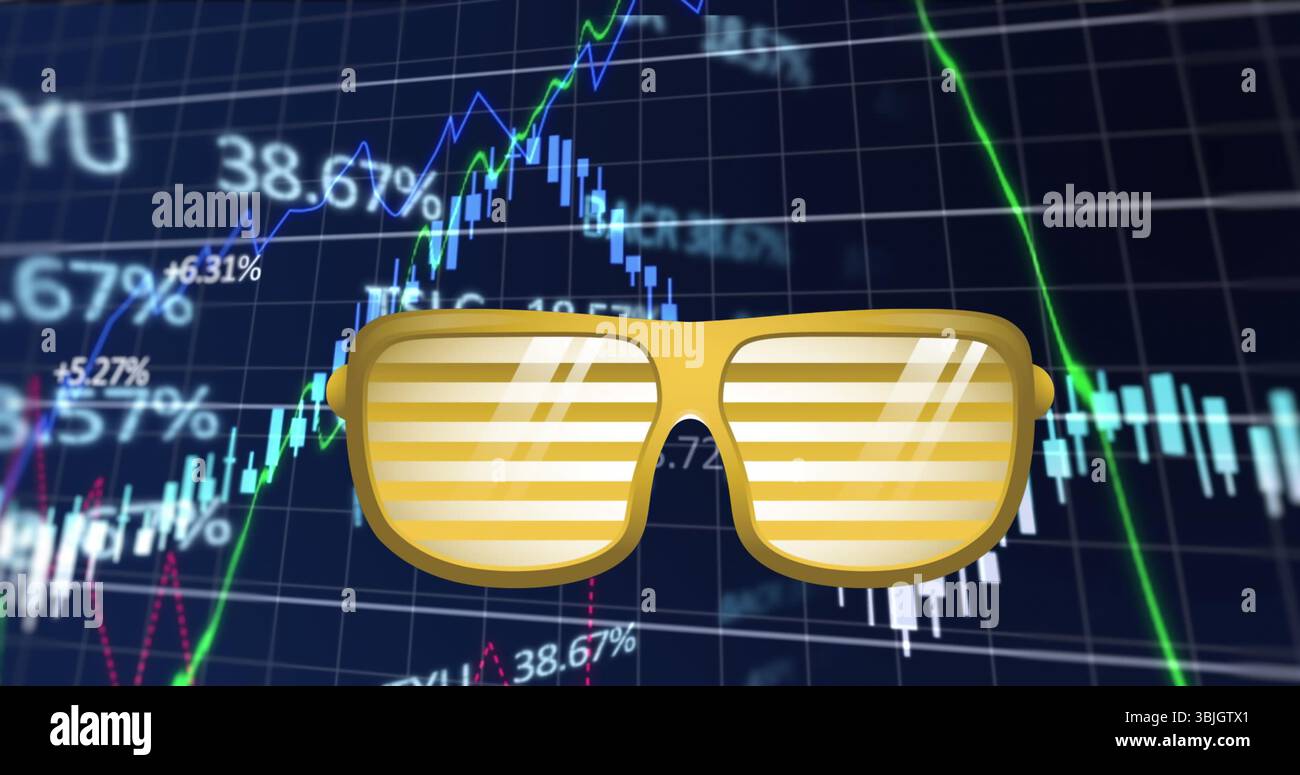 Mostra l'icona degli occhiali da sole delle tonalità oro che si sovrappone allo schermo commerciale, con barre portacandele Foto Stock