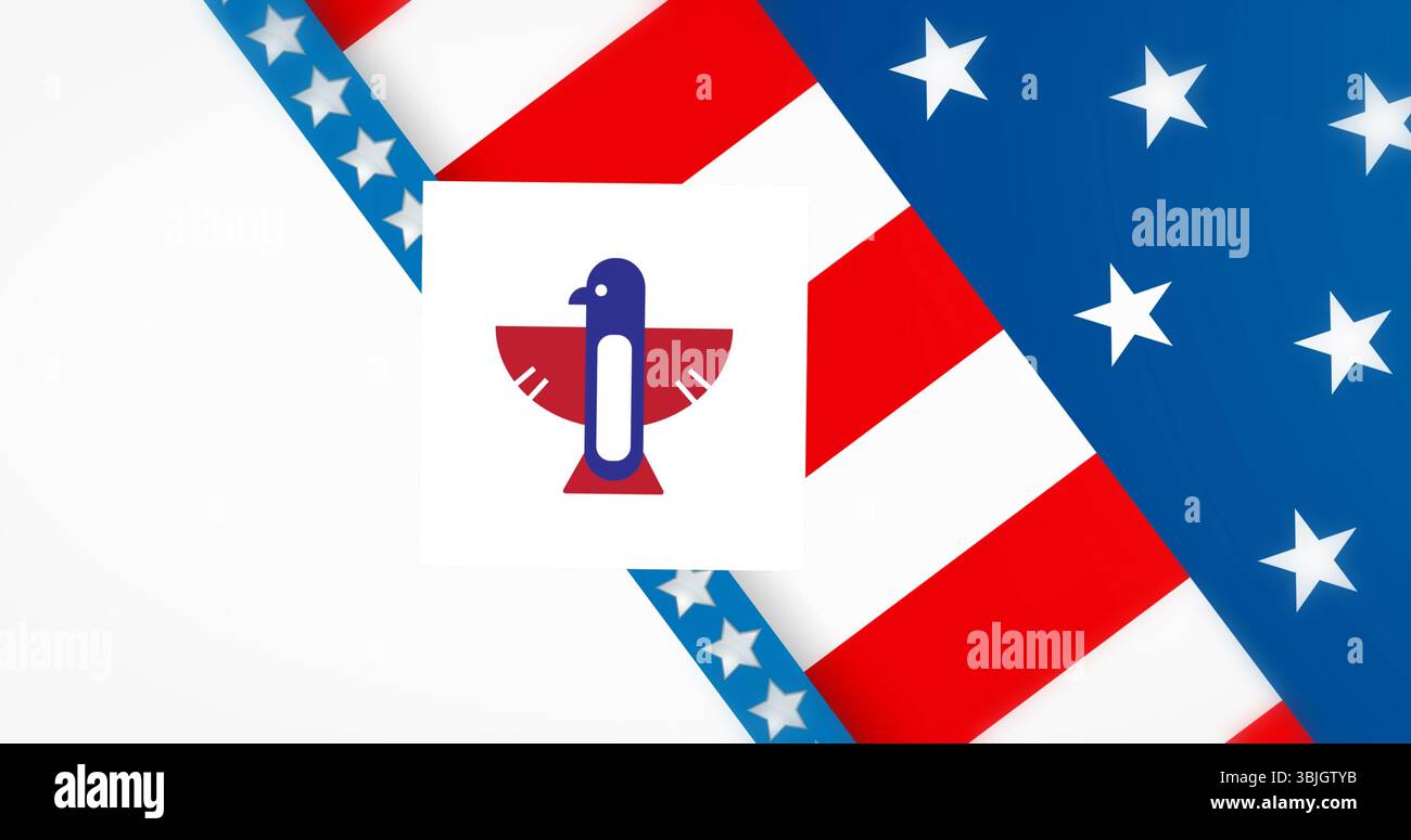 Icona di uccello rosso blu dal design minimalista che galleggia su tela digitale, con strisce e stelle ispirate alla bandiera Foto Stock