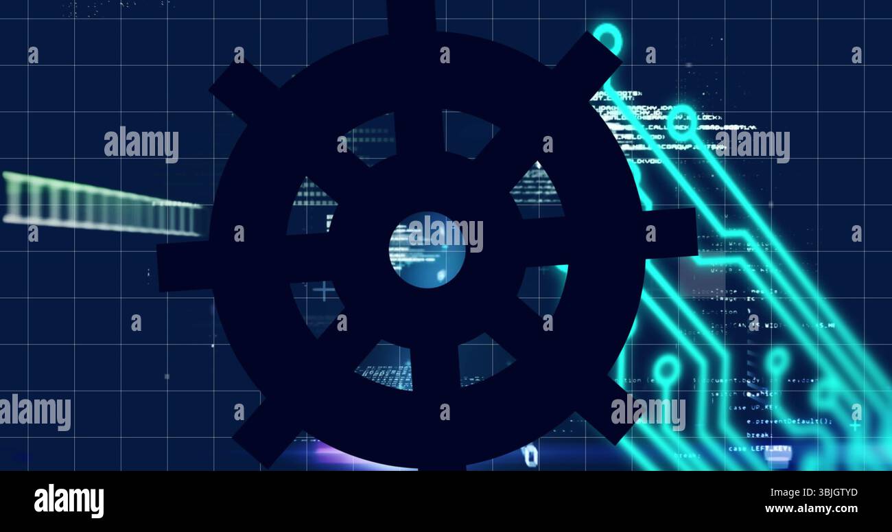Fissa la silhouette Dark Gear in griglia digitale, con codice bianco e circuiti turchesi brillanti Foto Stock