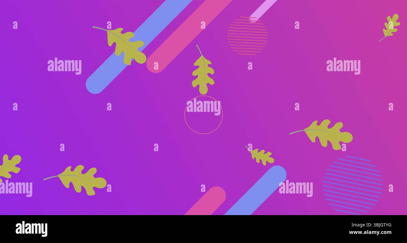 Foglie di quercia stilizzate fluttuanti e forme geometriche su tela sfumata, con un moderno layout grafico Foto Stock