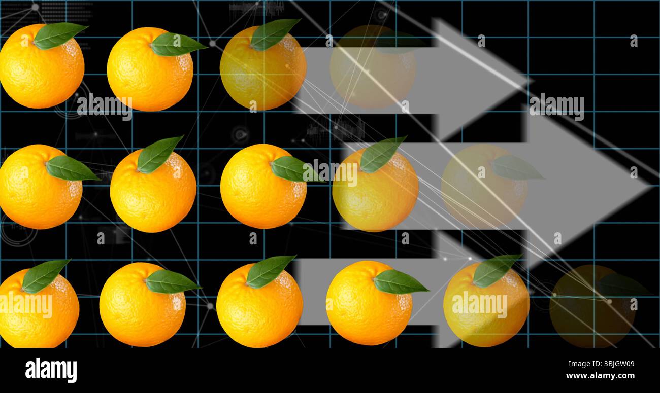 Freccia grigia rivolta sul pannello digitale, con arance fresche e design a griglia di circuito Foto Stock