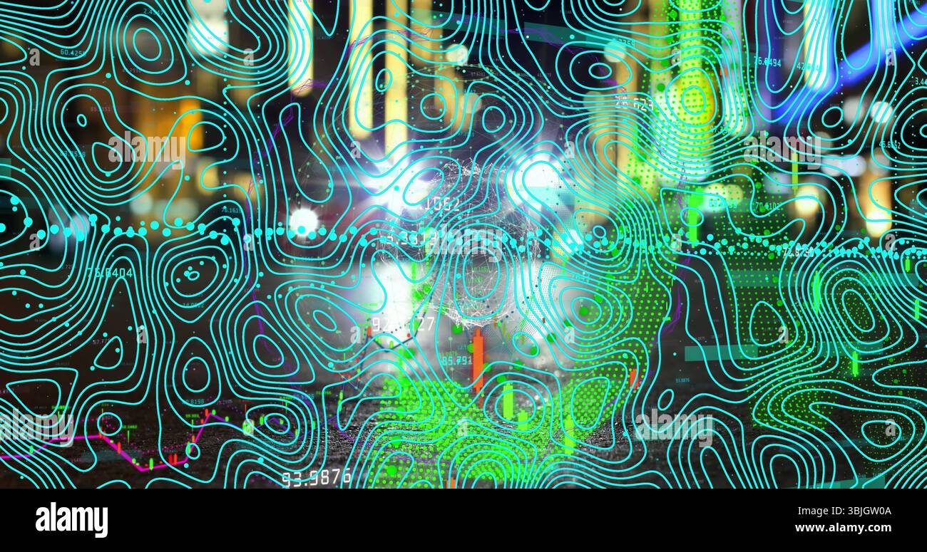 Sovrapposizione di una mappa dei contorni al neon sull'hub finanziario notturno, con luci sfocate e dati sul mercato verde Foto Stock