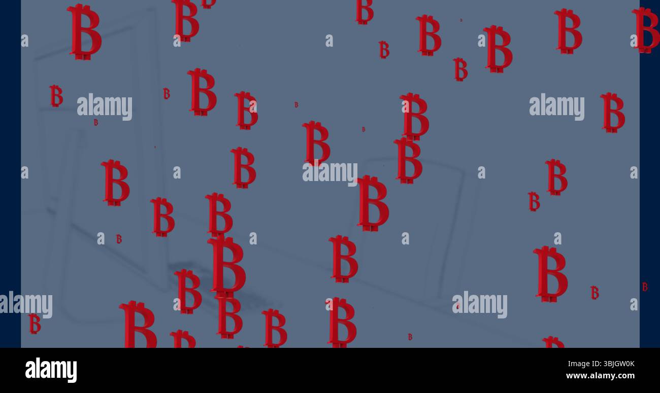 Lo streaming di simboli Bitcoin rossi su laptop e smartphone delinea nello spazio digitale, il flusso di valuta Foto Stock